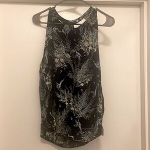 Boutique Papillon tank top with bird & tree background, navy, 100% viscose.